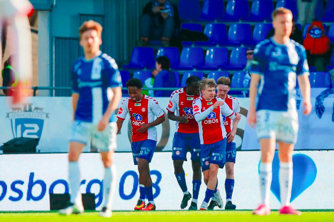 <em>KFUM-jubel etter Nosas scoring mot 08 i vår. Foto: Christoffer Andersen / NTB</em>