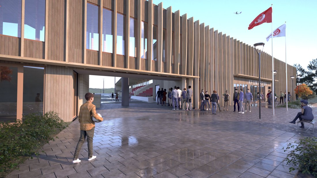 <em>Inngang fra siden mot Ekeberghallen. Illustrasjoner: 4B arkitekter</em>