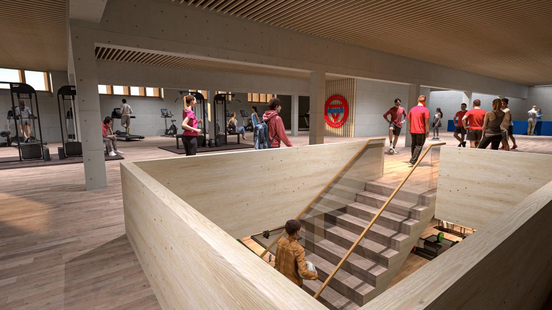 <em>Treningssenteret vil bli en hyggelig møteplass for klubbens medlemmer og andre som vil trene. Illustrasjoner: 4B arkitekter</em>