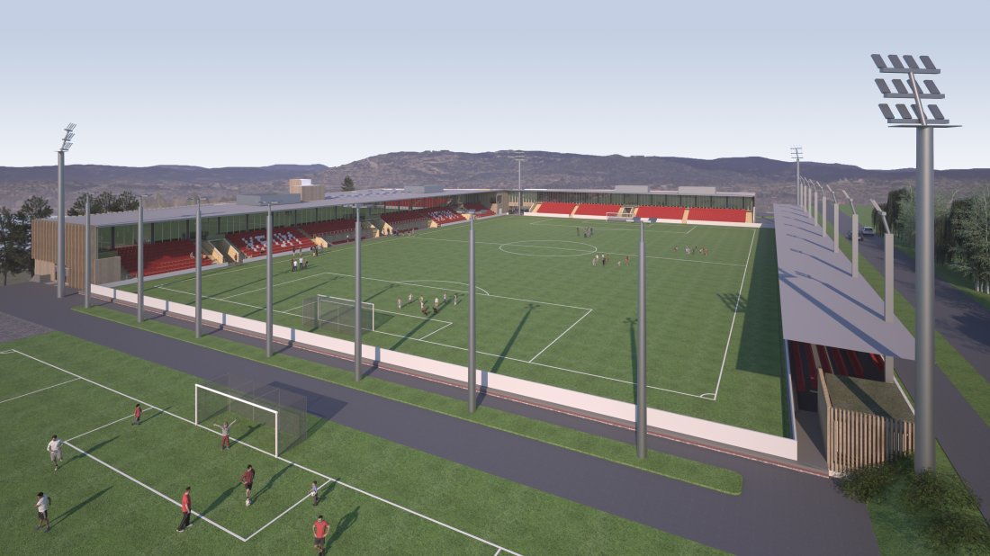 <em>Slik ser vi for oss nye KFUM Familiearena, med en ny elleverbane der sjuerbane og parkeringsplass er i dag. Illustrasjoner: 4B arkitekter</em>