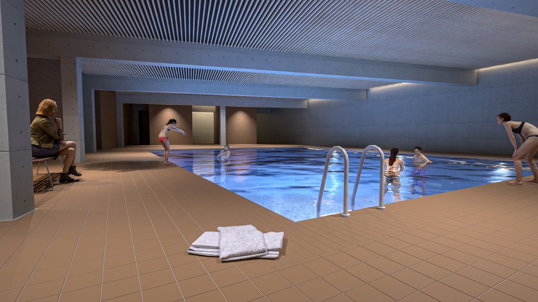 <em>Et terapibasseng vil bli del av den nye arenaen. Illustrasjoner: 4B arkitekter</em>